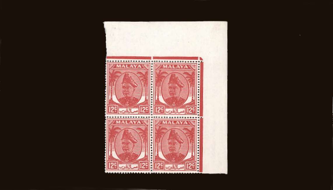 12c Scarlet
<br/>in a superb unmounted mint NE corner block of four.
<br/><b>QQB</b>