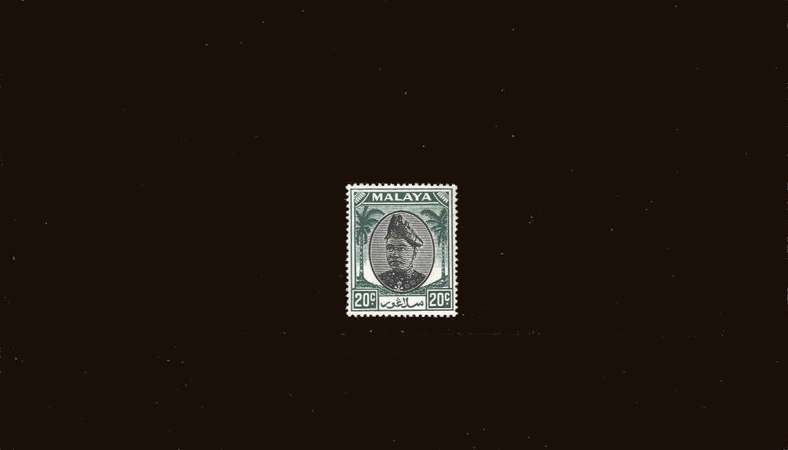 20c Black and Green<br/>
A superb unmounted mint single showing the <b>''L A in MALAYA joined''</b>variety.
<br/><b>QQB</b>