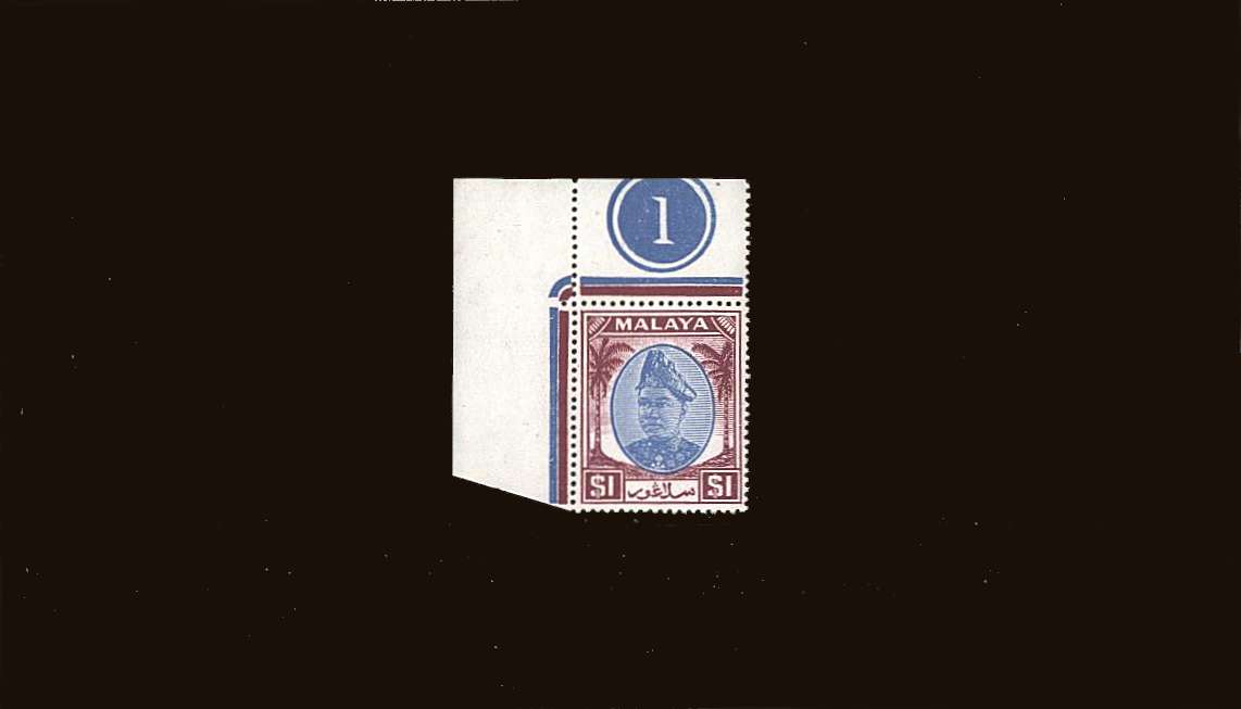 $1.00  Blue and Purple<br/> A superb unmounted mint definitive corner marginal single showing a Plate Number 1.