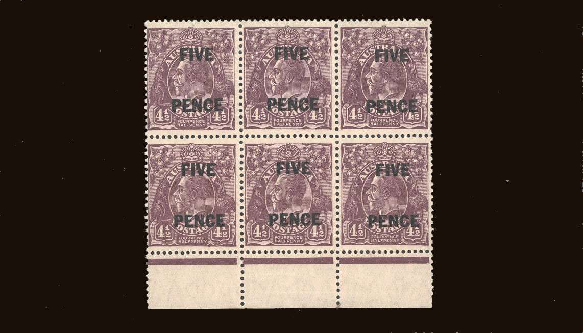 <b>''FIVE PENCE on 4�d Violet</b>
<br/>A superb unmounted mint lower marginal block of six<br/>
SG Cat �96.00
<br/><b>QQB</b><br/>