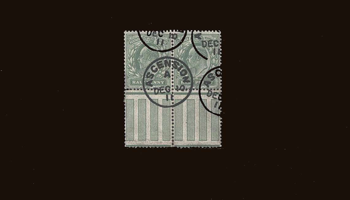 �d Yellowish Green pair showing marginal pillars <br/>
Superb used cancelled with a crisp <b>ASCENSION</b> steel CDS<br/>
dated DEC 10 11 <br/>SG Cat �200.00<br/>
I am not sure this is genuine hence price.<br/>
This item is not returnable.<br