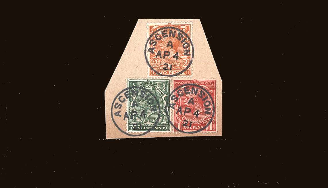 ½d Green, 1d Scarlet and 2d Orange Die I<br/>
Superb used tied to small piece cancelled with a crisp <b>ASCENSION</b> steel CDS<br/>
dated AP 4 21<br/>SG Cat �223.00<br/>
I am not sure this is genuine hence price.<br/>
This item is not returnable