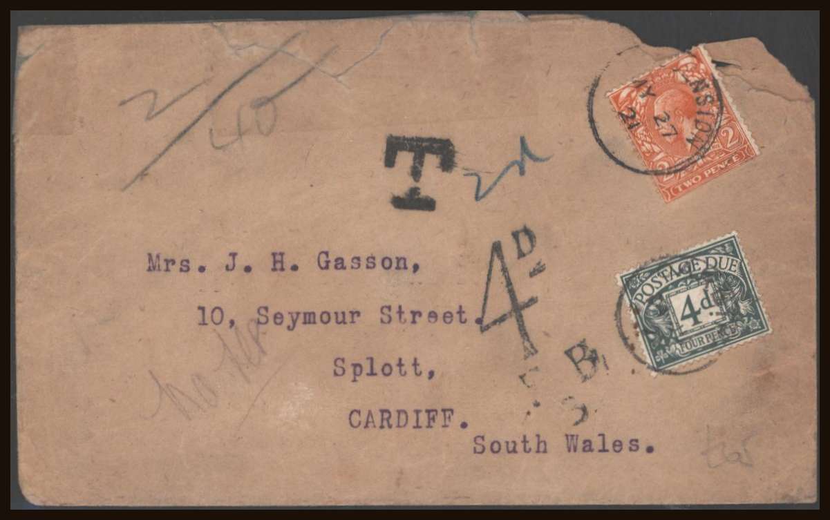 2d Orange - Die I cancelled with an <b>ASCENSION</b> steel CDS<br/>
dated MY 27 21 together with a 4d POSTAGE DUE on a badly opened envelope.<br/>
Priced on condition.
