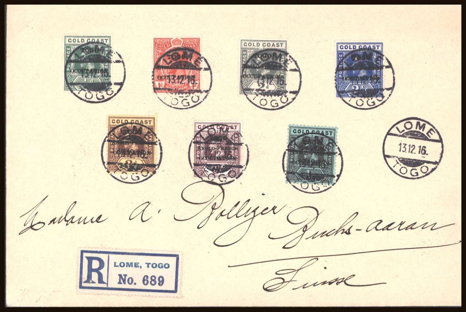 A very pretty complete REGISTERED envelope to SWITZERLAND from the  �d Green to the 1/- Black and Green each cancelled with a crisp CDS for LOME - TOGO dated 13.12.16.<br/><b>TQQ