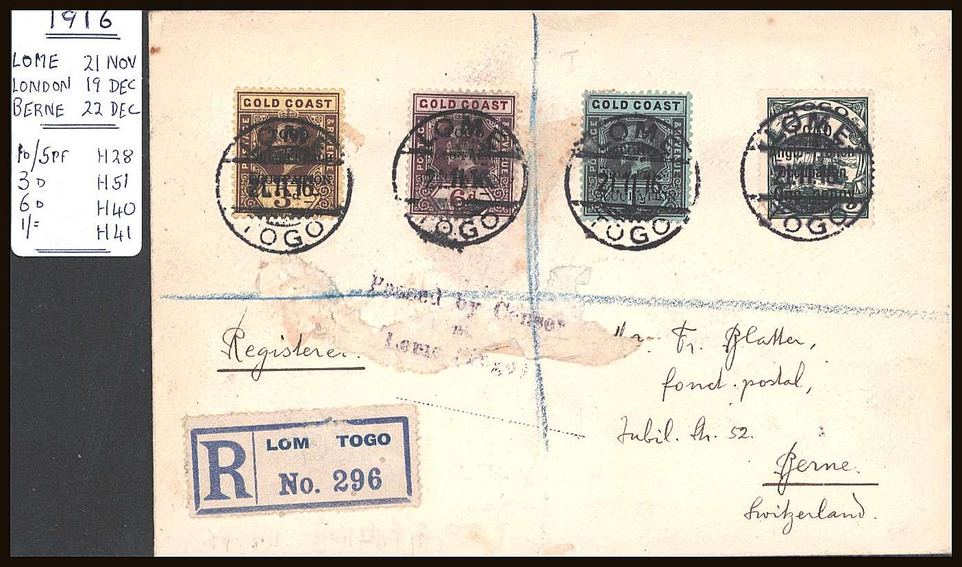 Various stamps on a small complete REGISTERED envelope to BERNE - SWITLERLAND  cancelled with a LOME- TOGO CDS dated 21-11-16.<br/><b>TQQ