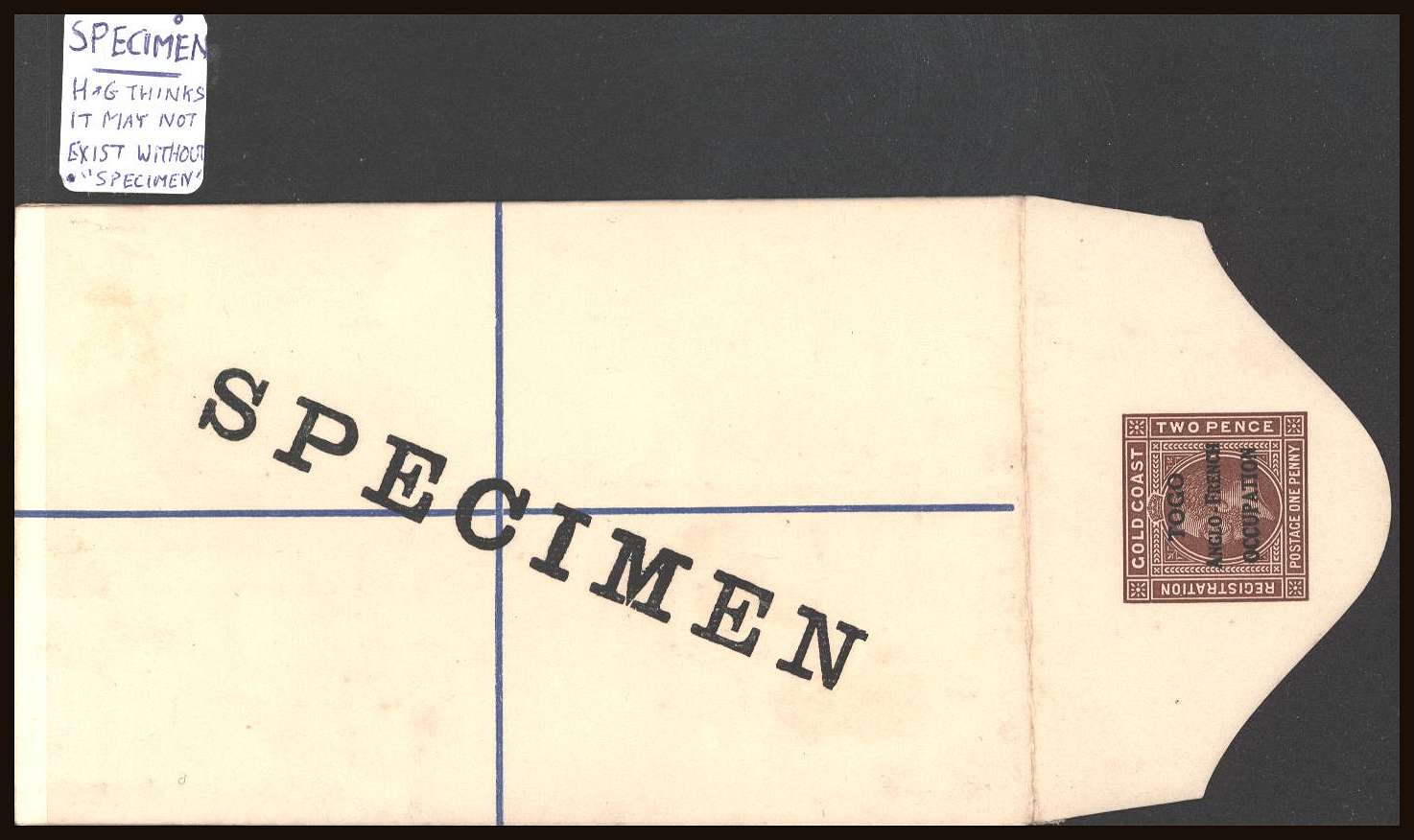 GOLD COAST mint registered envelope overprinted<br/>TOGO ANGLO-FRENCH OCCUPATION<br/>also overprinted with a large diagonal SPECIMEN in black. 
<br/><b>TQQ