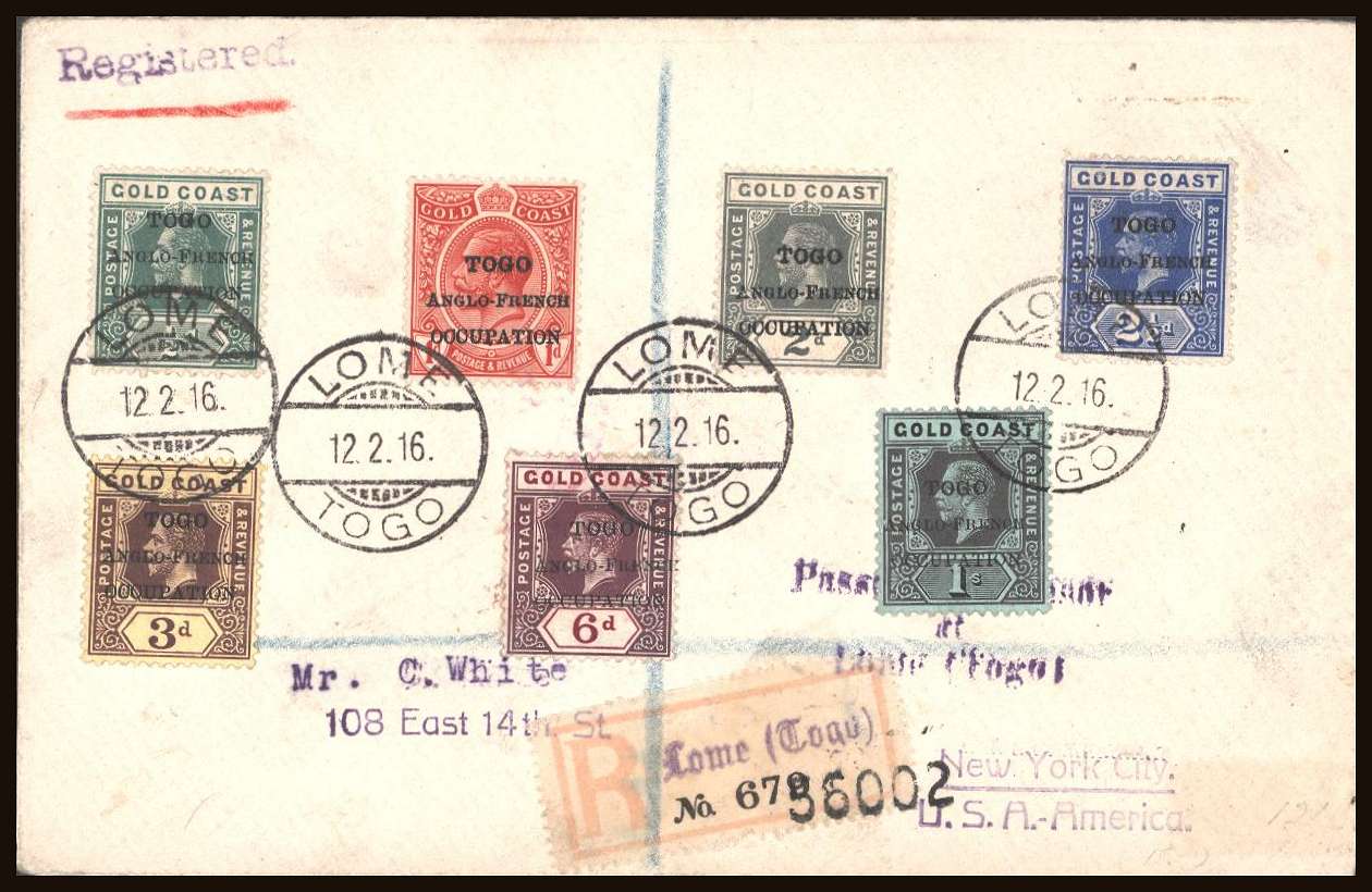 Various stamps overprinted<br/>
TOGO ANGLO-FRENCH OCCUPATION all Accra Overprints cancelled<br/>with four strikes of the LOME - TOGO CDS to NEW YORK CITY   dated 12-2-16
<br/><b>TQQ