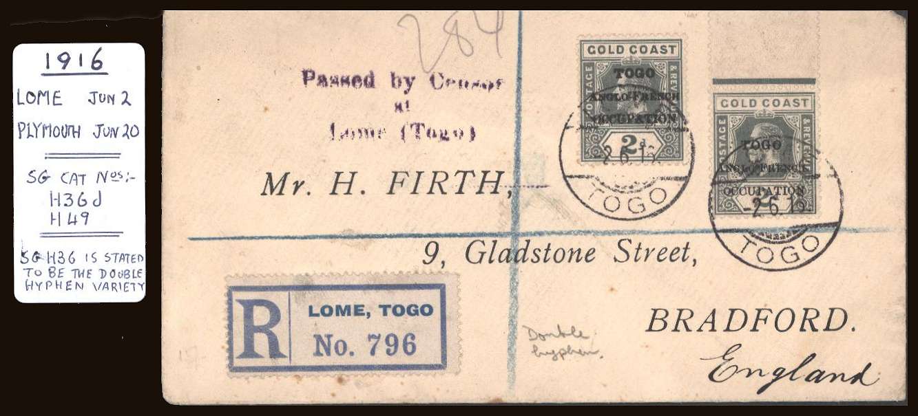 2d Grey with Accra overprint and 2d Grey with London overprint. The Accra overprint shows the ''DOUBLE HYPHEN'' variety on a small neat printed address from LOME to BRADFORD - ENGLAND dated 2-6-16   

<br/><b>TQQ