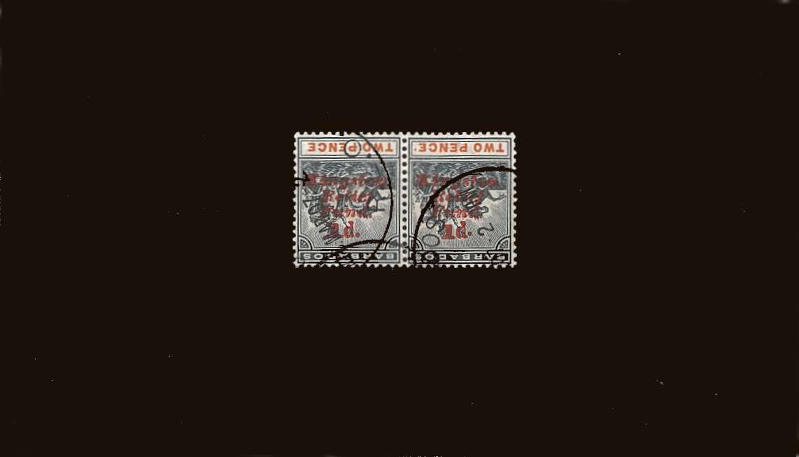 The <b>KINGSTON RELIEF FUND</b> 1d overprint pair<br/>with <b>INVERTED OVERPRINT</b> superb fine used.