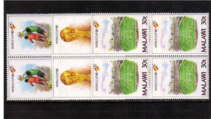 World Cup Football set of three in superb unmounted mint blocks of four.